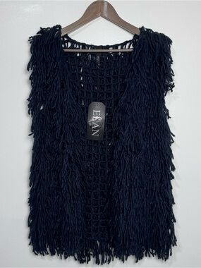 NWT Elan Open Knit Shaggy Crochet Fringe Boho Hippie Vest in Dark Navy Blue